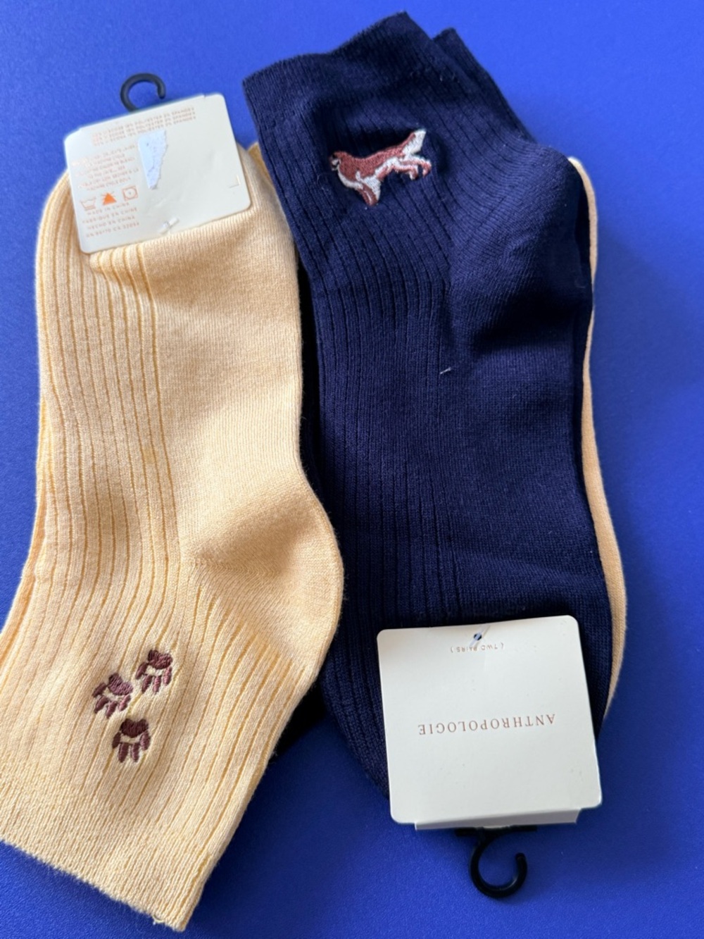 Anthropologie women’s Navy & Light Yellow Embroidered Crew Socks — Pair